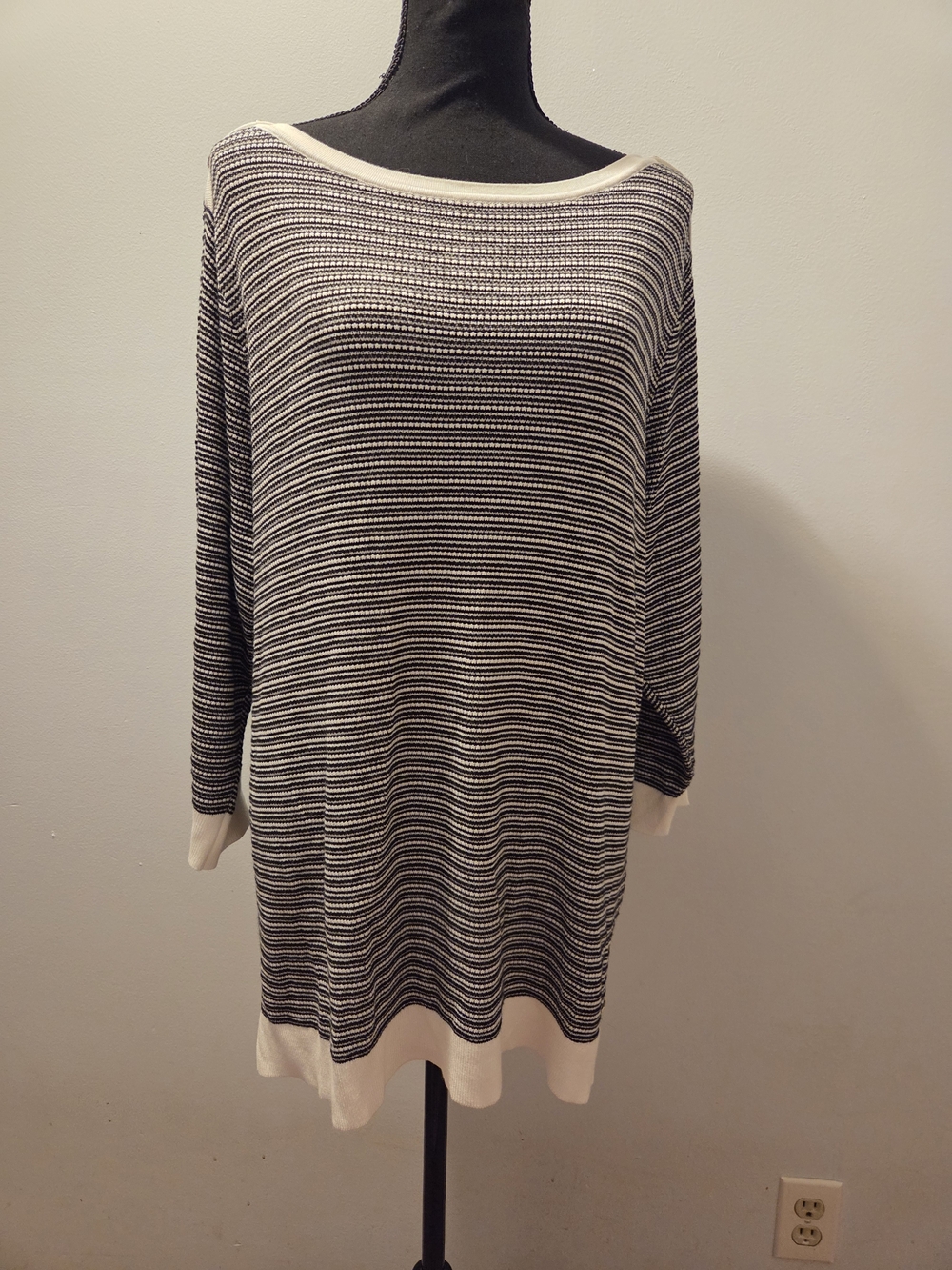 Calvin Klein Black and White Striped Scoop Neck Sweater